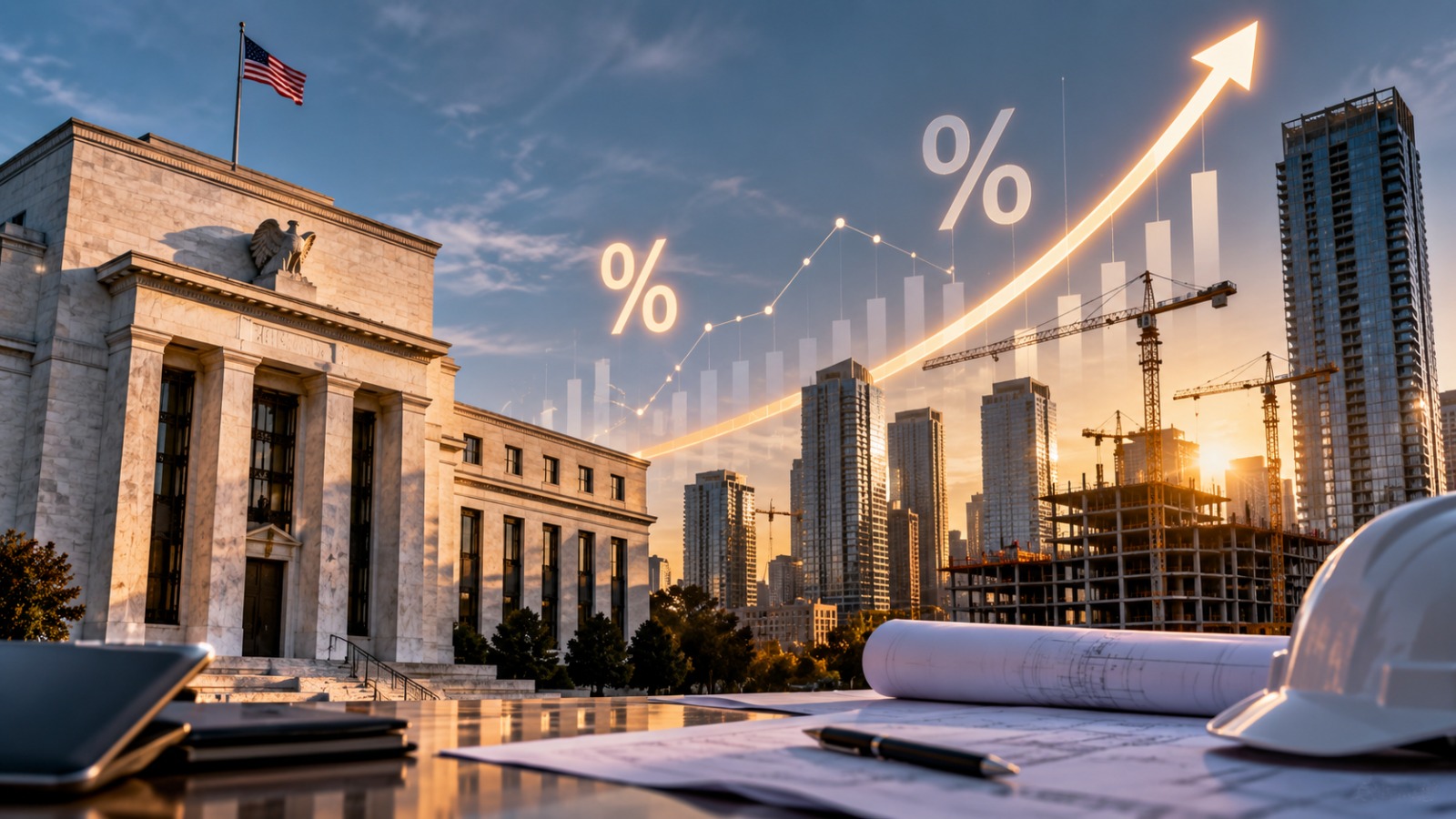 Federal Reserve building, real estate construction, and rising interest-rate chart — conceptual illustration