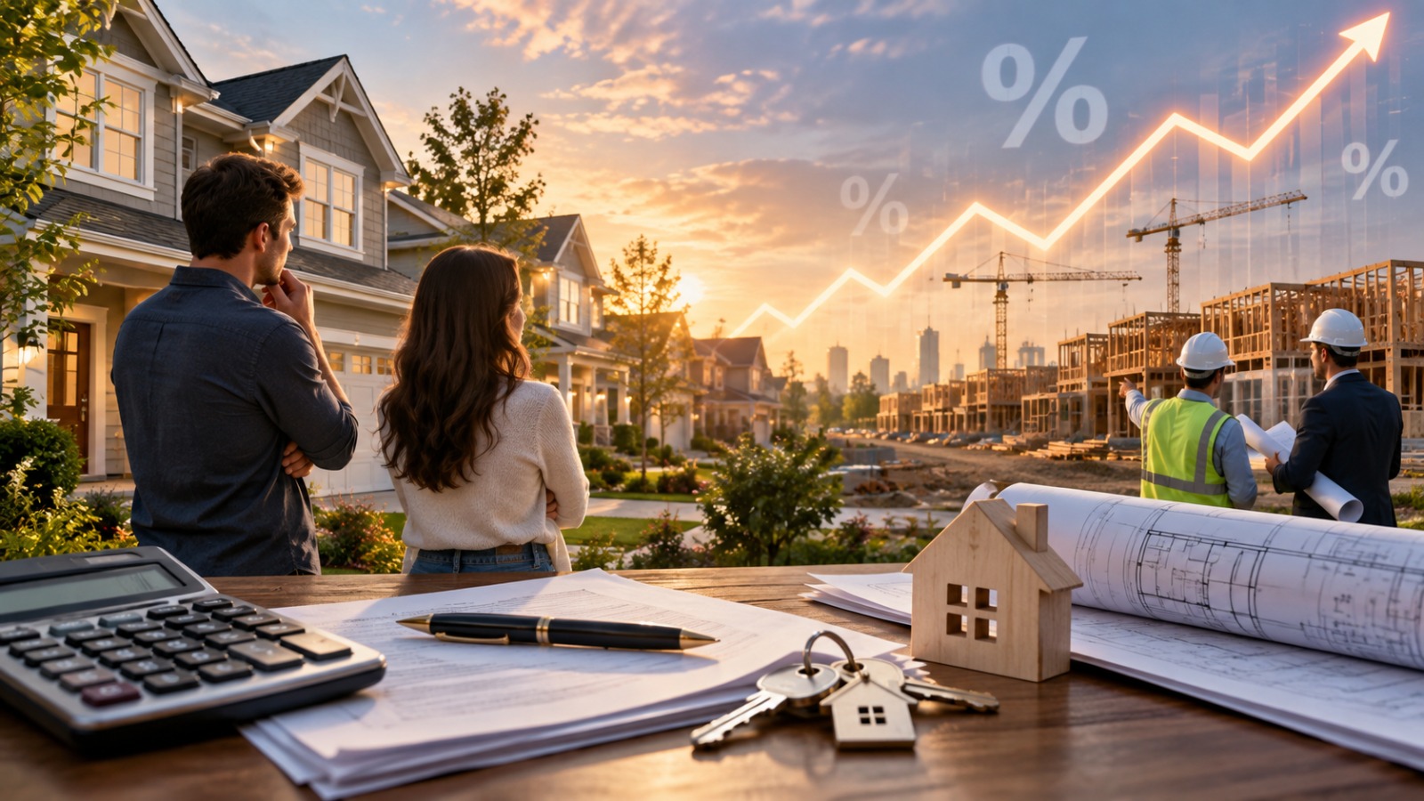 Homebuyers, housing construction, plans, and rising interest-rate chart — conceptual illustration